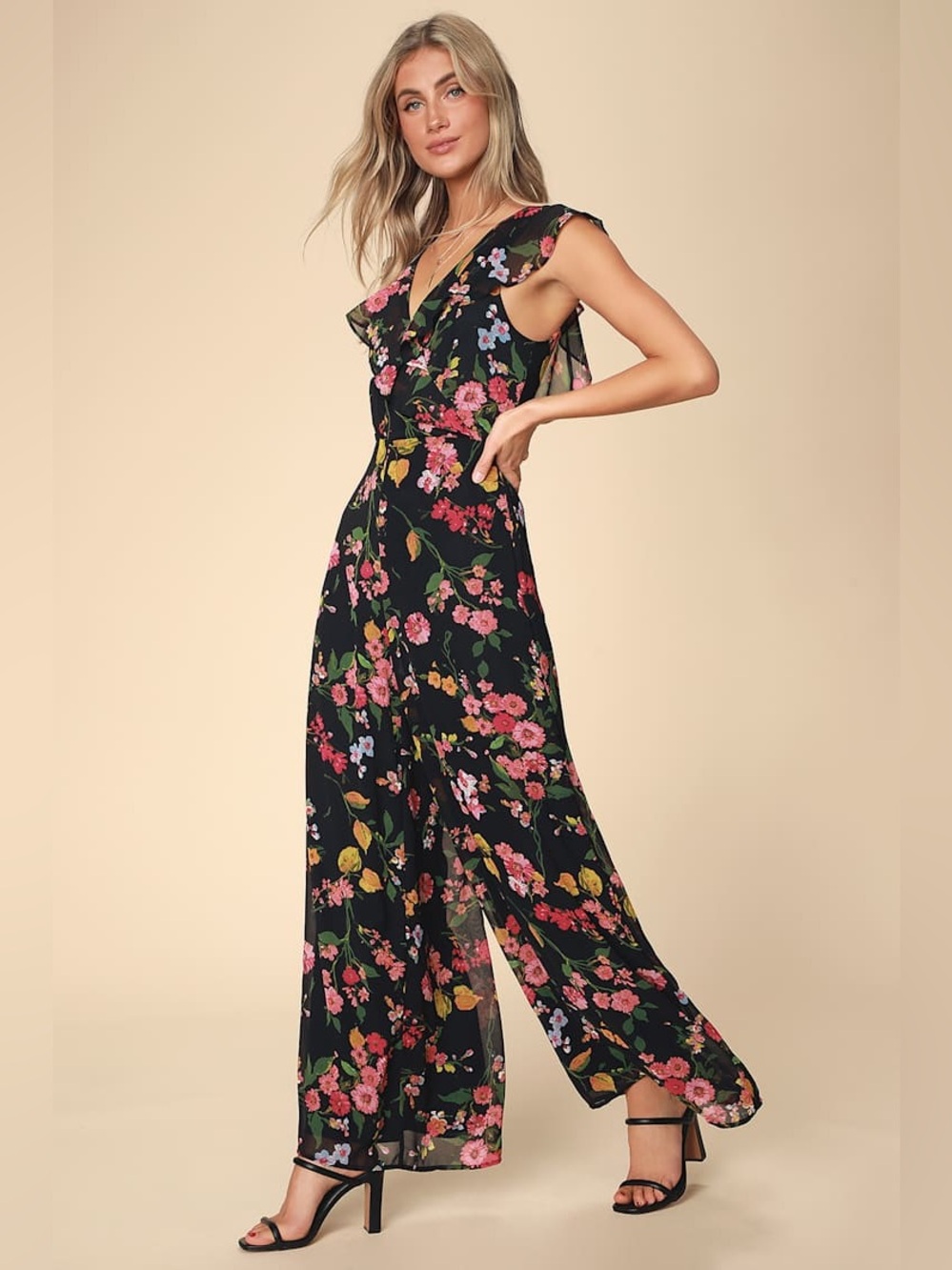 Lulu's Blooming Love Black Floral Wide-Leg Jumpsuit with V-Neck